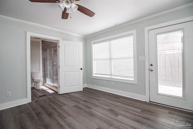 interior space featuring crown molding, ceiling fan, and dark hardwood / wood-style floors