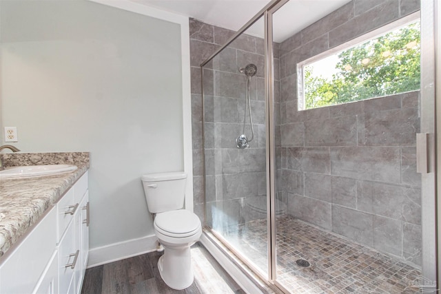 bathroom with vanity, a shower with shower door, wood-type flooring, and toilet