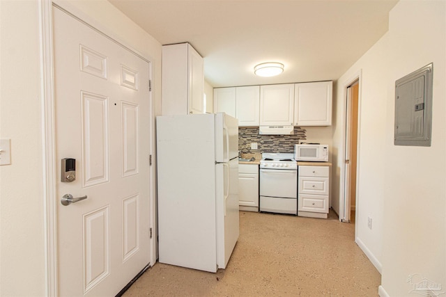 kitchen with white appliances, electric panel, decorative backsplash, and white cabinets