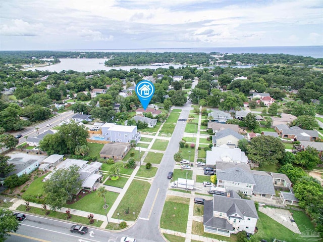 bird's eye view with a water view