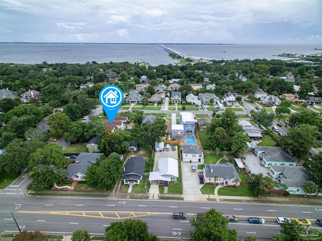 drone / aerial view with a water view