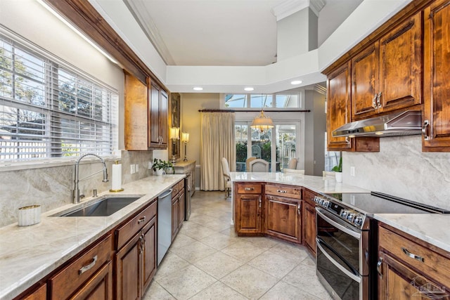 kitchen with appliances with stainless steel finishes, sink, backsplash, light stone counters, and crown molding