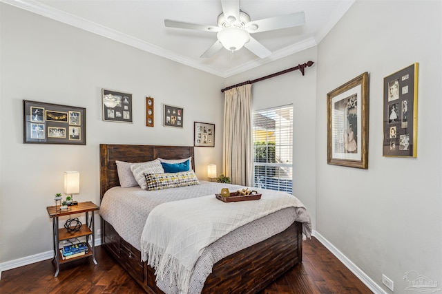 bedroom featuring ceiling fan, dark wood-type flooring, and crown molding