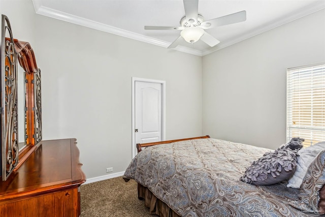 bedroom with ceiling fan, carpet, and ornamental molding