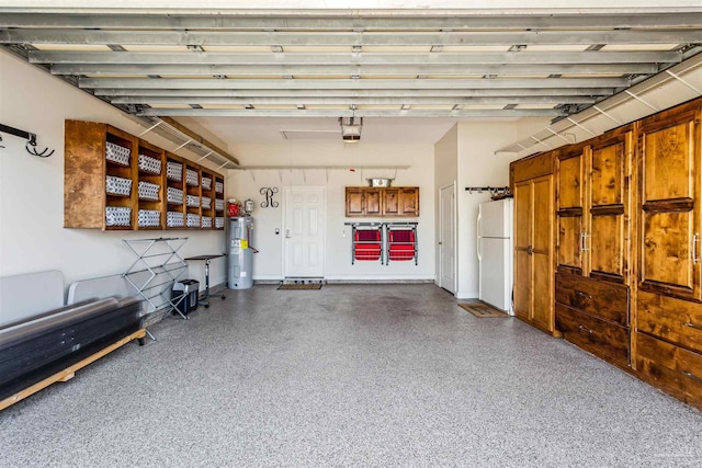 garage with water heater, a garage door opener, and white fridge