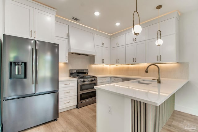 608 E Leonard Unit A & B, Pensacola, FL 32503 - kitchen featuring stainless steel appliances, a sink, a peninsula, premium range hood, and light wood finished floors