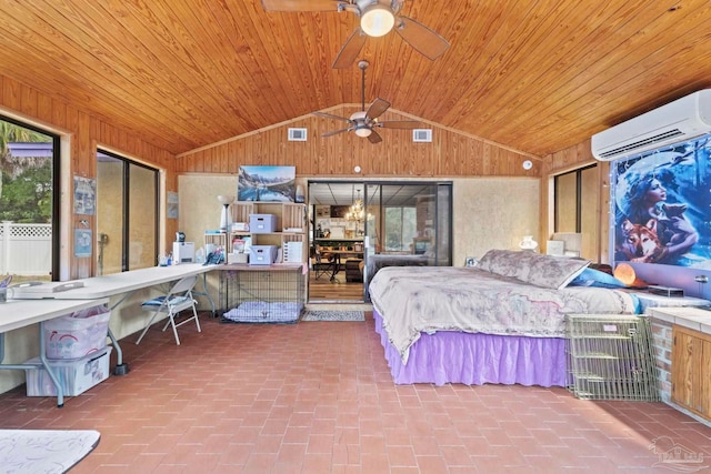 bedroom with ceiling fan, wood walls, vaulted ceiling, wooden ceiling, and a wall mounted air conditioner