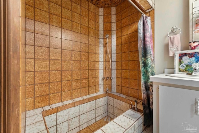 bathroom featuring vanity and a shower with shower curtain