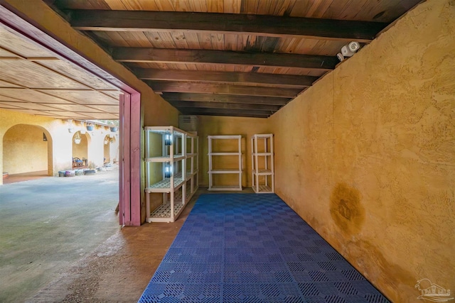 interior space featuring beamed ceiling and wood ceiling