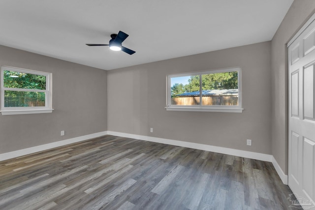 unfurnished bedroom featuring ceiling fan and wood-type flooring