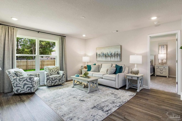 living room featuring a textured ceiling and hardwood / wood-style floors