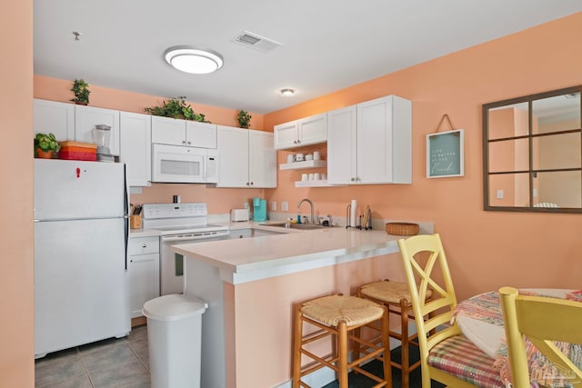 kitchen featuring sink, a breakfast bar area, white cabinets, kitchen peninsula, and white appliances