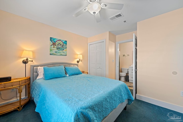 carpeted bedroom featuring ceiling fan and a closet