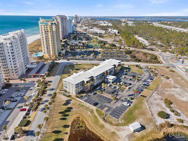 drone / aerial view with a water view and a view of the beach