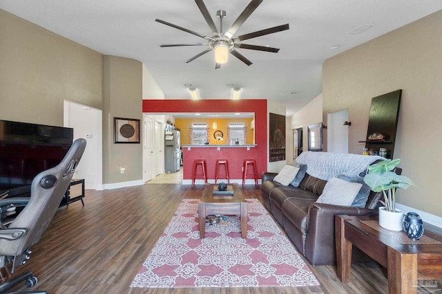 3972 Flour Mill Cir, Pace, FL 32571 - living area featuring ceiling fan, wood finished floors, lofted ceiling, and baseboards