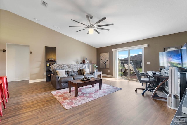 3972 Flour Mill Cir, Pace, FL 32571 - living room featuring vaulted ceiling, ceiling fan, wood finished floors, and baseboards