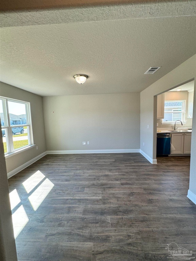 unfurnished room with sink, dark hardwood / wood-style floors, and a textured ceiling