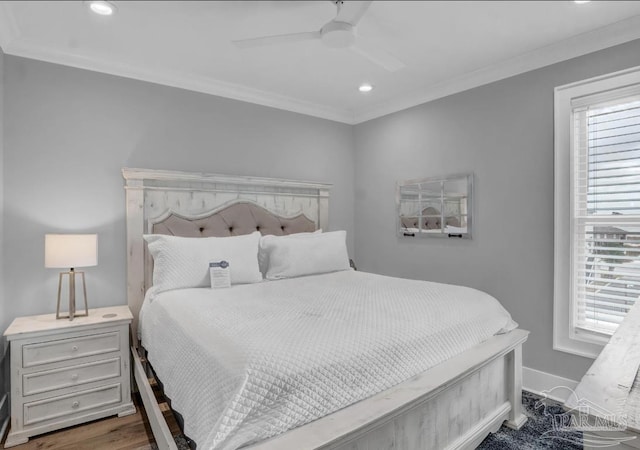 1592 W Beach Blvd Unit Kk, Gulf Shores, AL 36542 - bedroom featuring crown molding, recessed lighting, baseboards, wood finished floors, and a ceiling fan