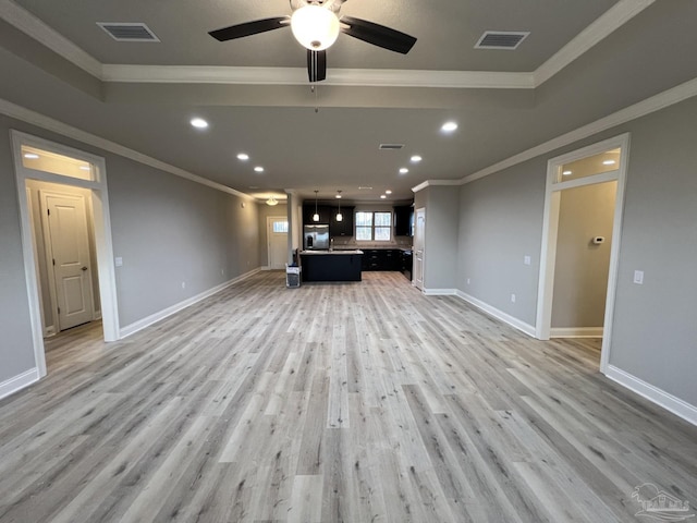 6607 Rocky Shores Rd, Milton, FL 32583 - unfurnished living room with ornamental molding, light wood-style floors, recessed lighting, and a ceiling fan
