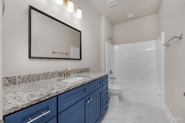 full bathroom with vanity, shower / bathing tub combination, a textured ceiling, and toilet