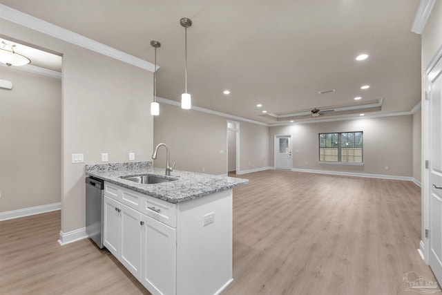 kitchen with white cabinetry, sink, ceiling fan, light stone counters, and stainless steel dishwasher