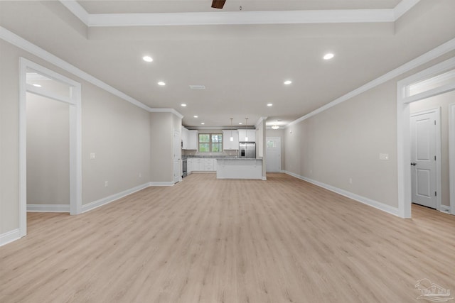 unfurnished living room with light wood-type flooring, ceiling fan, and ornamental molding