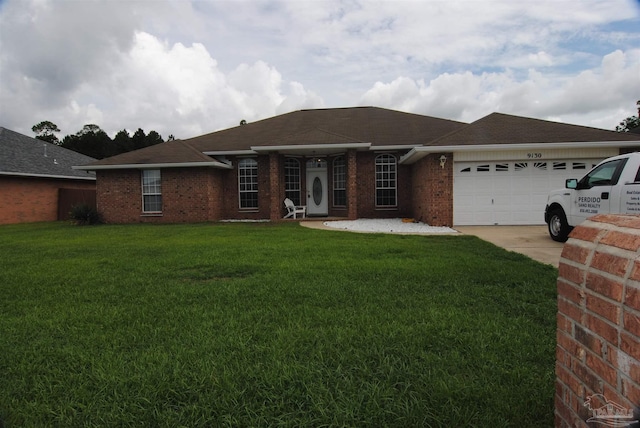 single story home featuring a front yard and a garage