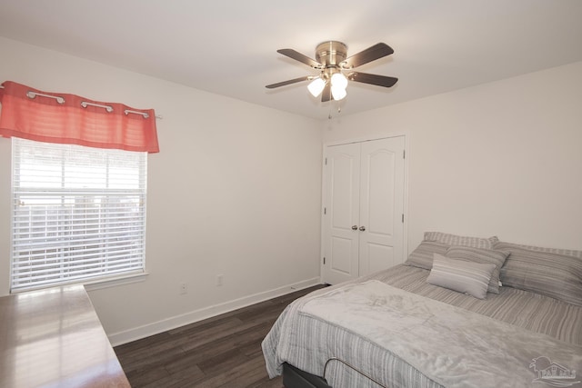 bedroom with dark wood-type flooring, a closet, and ceiling fan