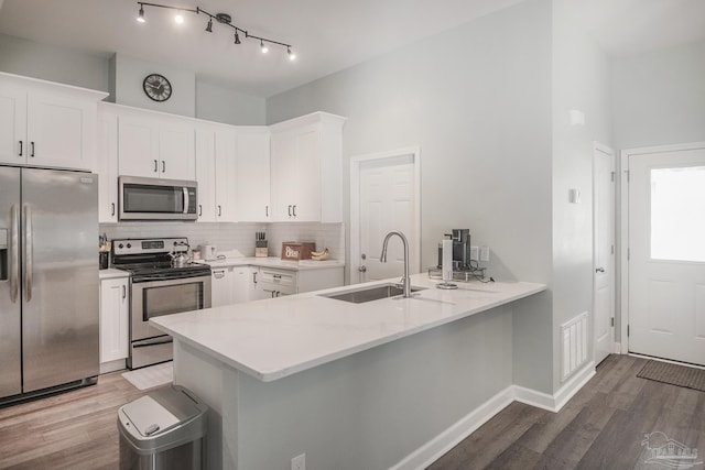 kitchen featuring sink, appliances with stainless steel finishes, kitchen peninsula, decorative backsplash, and white cabinets