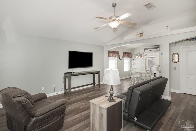 living room featuring vaulted ceiling, dark wood-type flooring, and ceiling fan