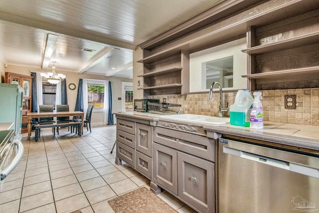 kitchen with decorative backsplash, dishwasher, light tile patterned flooring, and sink