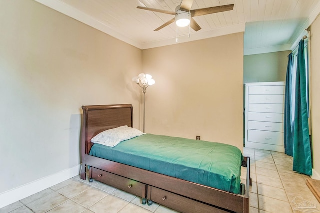 tiled bedroom featuring ceiling fan and wooden ceiling