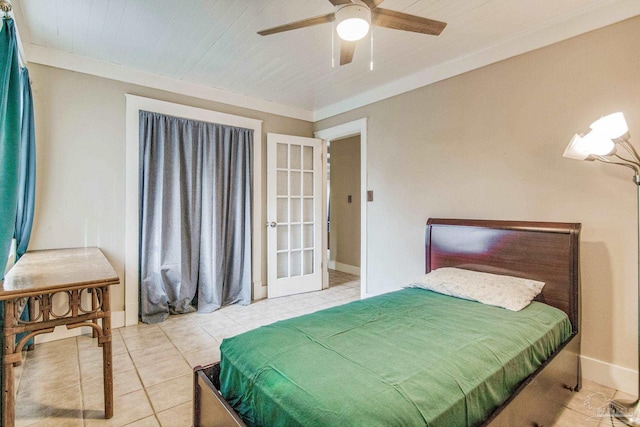 tiled bedroom featuring ceiling fan, french doors, wood ceiling, and ornamental molding