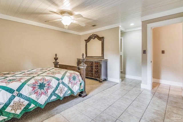 bedroom featuring light tile patterned floors, ceiling fan, and wooden ceiling