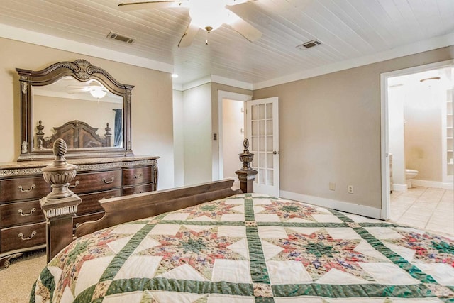 bedroom with wooden ceiling, ensuite bathroom, crown molding, ceiling fan, and light tile patterned flooring