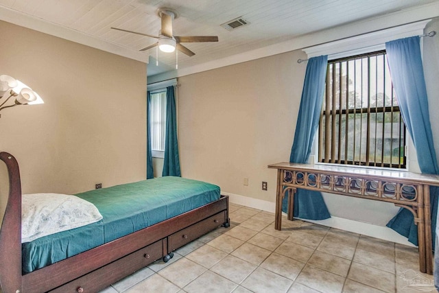 bedroom featuring ceiling fan, tile patterned flooring, wood ceiling, and ornamental molding