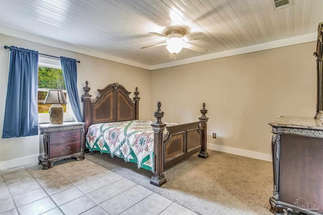 carpeted bedroom with ceiling fan and wooden ceiling