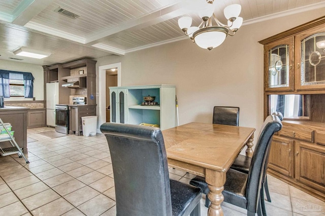 dining area with wooden ceiling, light tile patterned floors, ornamental molding, beam ceiling, and a chandelier