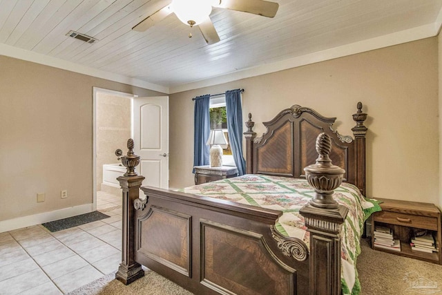 bedroom with light tile patterned floors, ceiling fan, and wooden ceiling