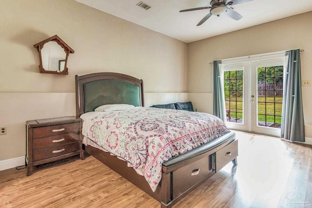 bedroom with ceiling fan, french doors, access to outside, and light hardwood / wood-style flooring