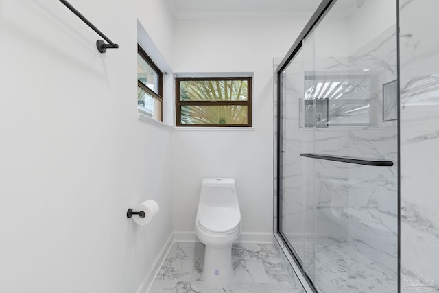 full bathroom with toilet, marble finish floor, a marble finish shower, crown molding, and baseboards