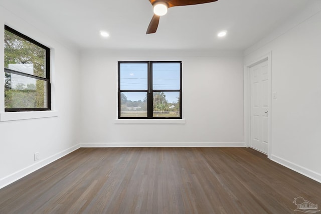 spare room with plenty of natural light, dark wood-style floors, and baseboards