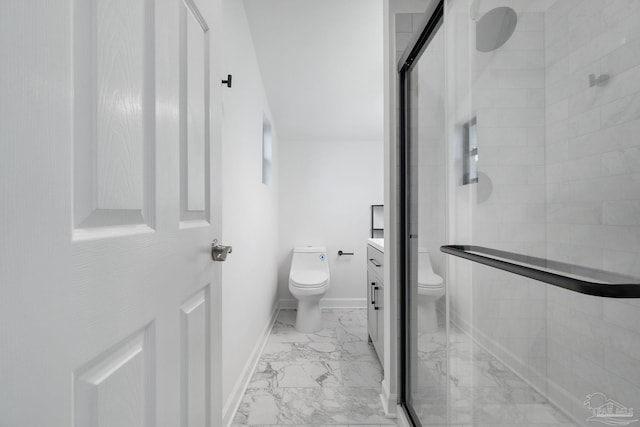 full bath featuring baseboards, toilet, marble finish floor, and a shower stall