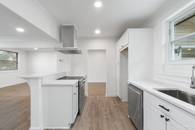 kitchen featuring sink, white cabinets, stainless steel appliances, and wall chimney range hood