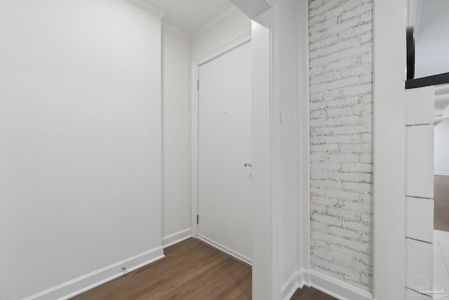 corridor featuring dark wood-type flooring and ornamental molding