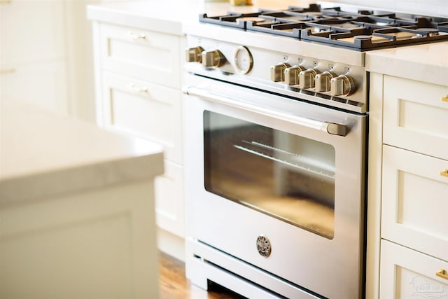 interior details with high end stainless steel range and white cabinets