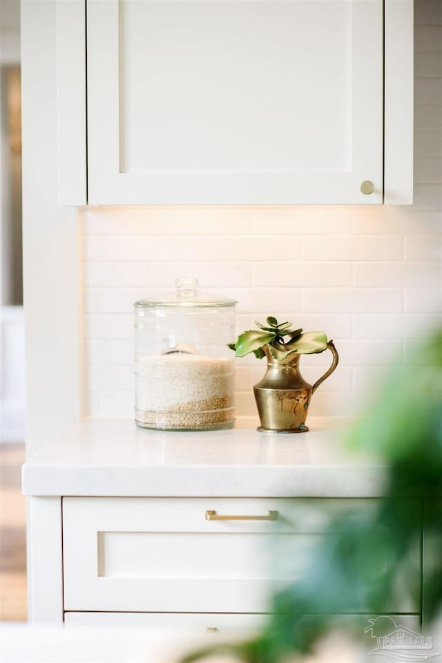 interior details featuring white cabinetry and decorative backsplash