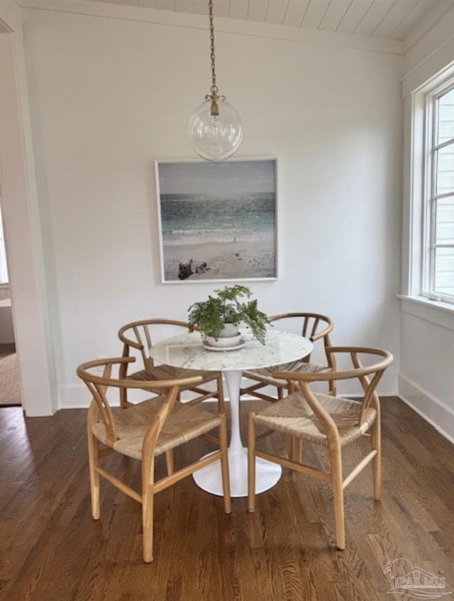 dining space featuring wood ceiling and dark hardwood / wood-style floors