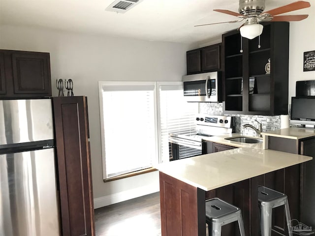 kitchen with appliances with stainless steel finishes, a wealth of natural light, sink, and ceiling fan