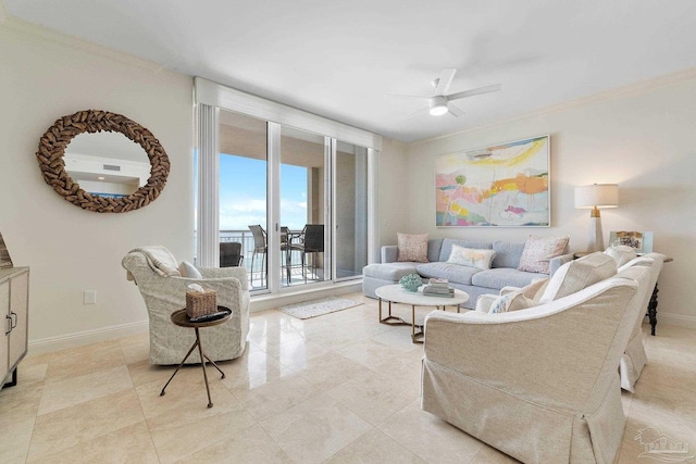 living room featuring ceiling fan and ornamental molding